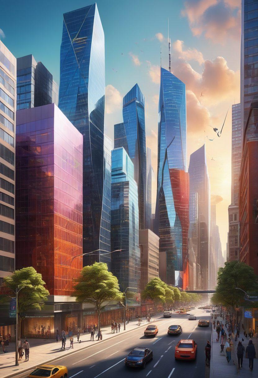 A modern city skyline with skyscrapers representing the real estate market, in the foreground a diverse group of professionals engaging in a discussion. Include graphical elements like upward arrows and trend lines to symbolize success and growth. Bright colors to convey optimism and energy. super-realistic. vibrant colors. 3D.