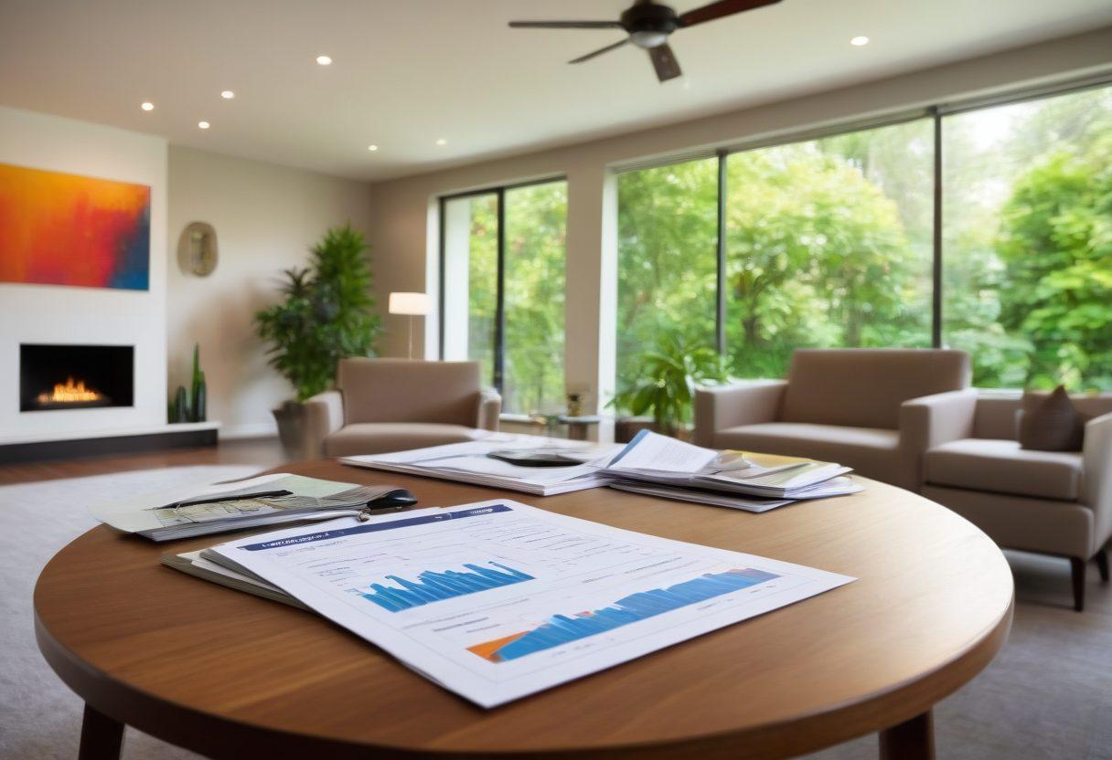 A modern, stylish living room showcasing a 'For Sale' sign in the foreground, symbolizing home selling, with a subtle backdrop of a well-maintained property featuring lush greenery. Include a financial advisor discussing strategies with a couple at a table, surrounded by property management charts and graphs. The image conveys professionalism and warmth, emphasizing expert advice. vibrant colors. super-realistic.