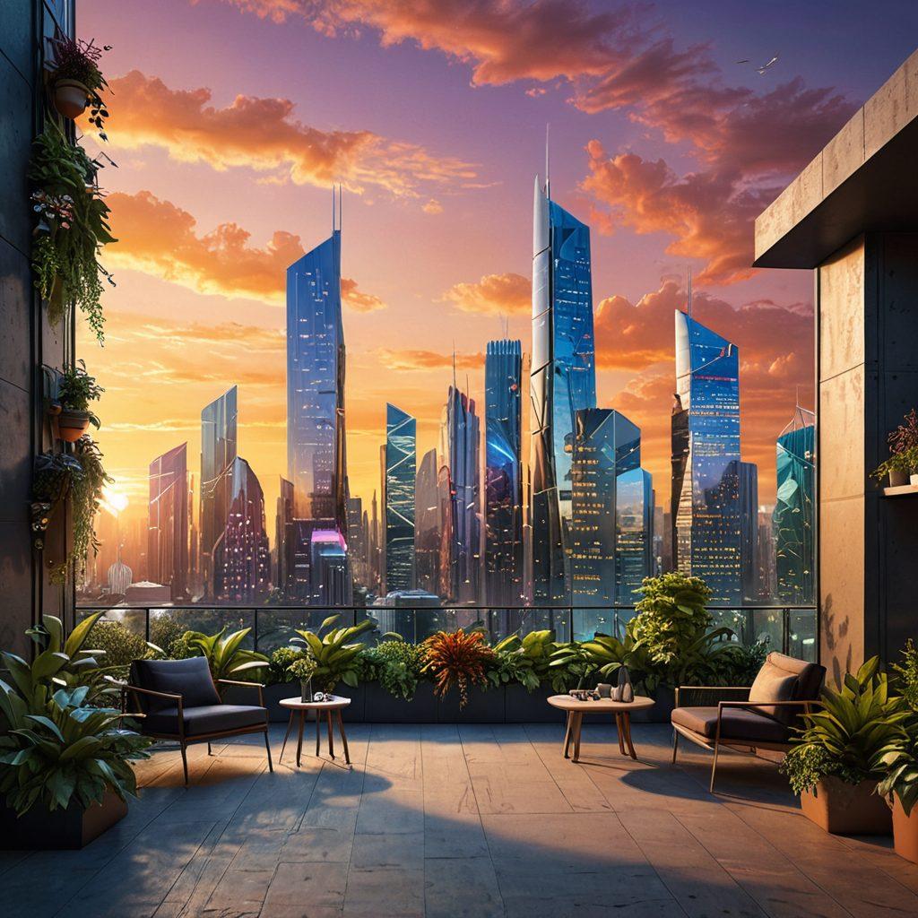 A futuristic city skyline showcasing diverse architectural trends, with half of the buildings depicting eco-friendly designs like vertical gardens, and the other half featuring sleek modern aesthetics. In the foreground, graphs and charts illustrating key property market trends, with elegant figures analyzing data. A vibrant sunset in the background adds depth. super-realistic. vibrant colors. 3D.